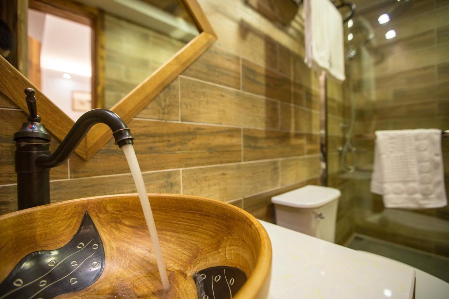 Shower, free toiletries, hair dryer, bathrobes