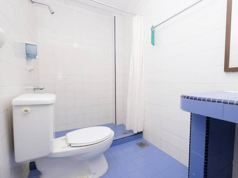 Un baño con inodoro blanco, ducha con cortina blanca y lavamanos con encimera azul.