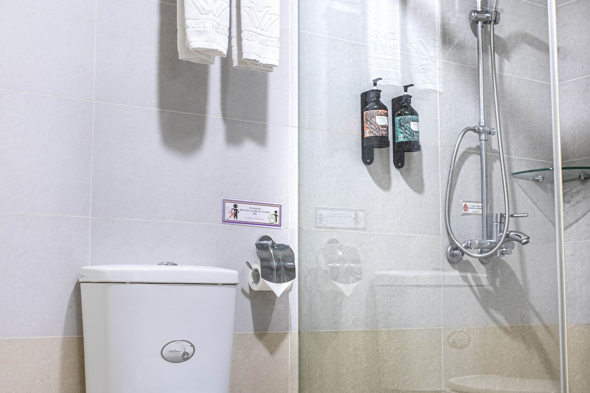 shower, rainfall showerhead, hair dryer, slippers