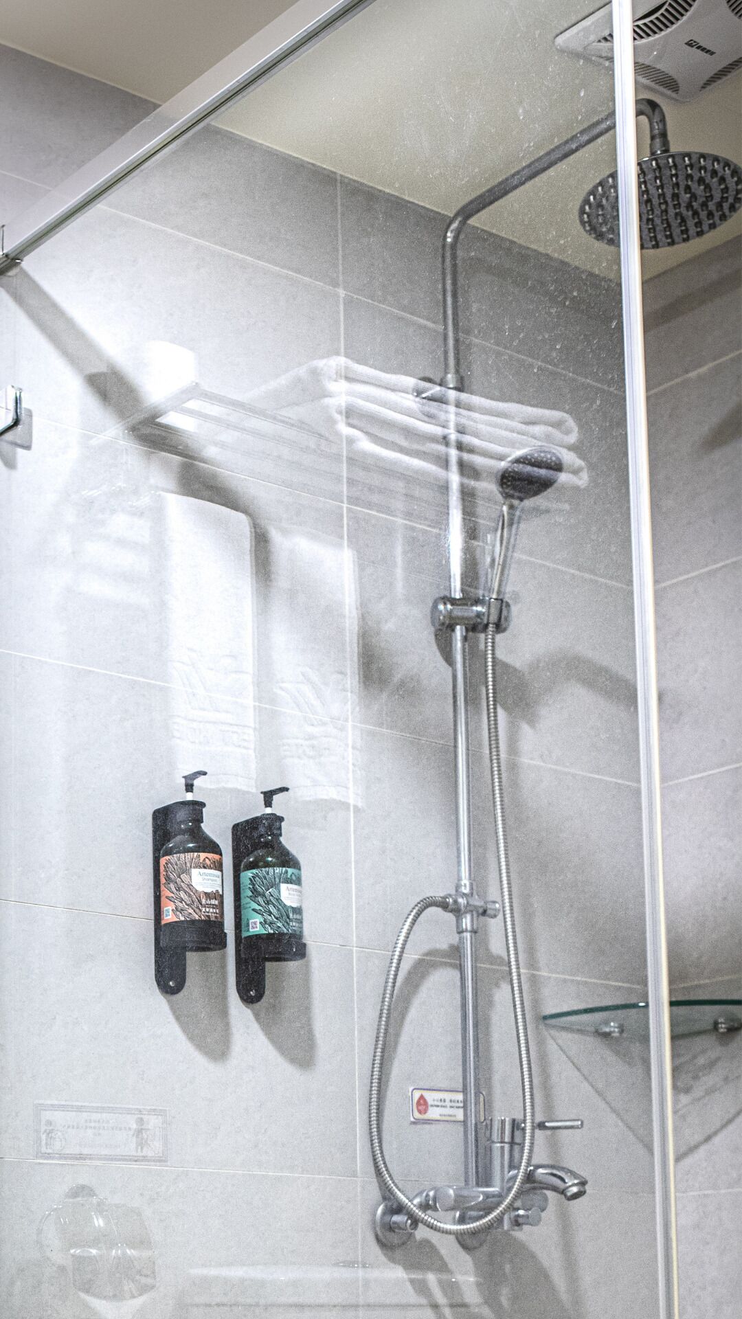 Shower, rainfall showerhead, hair dryer, slippers