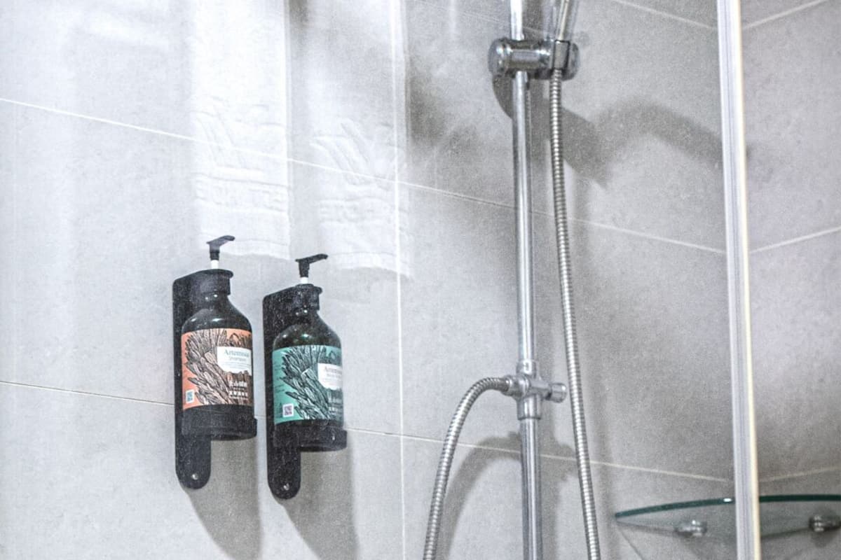 shower, rainfall showerhead, hair dryer, slippers