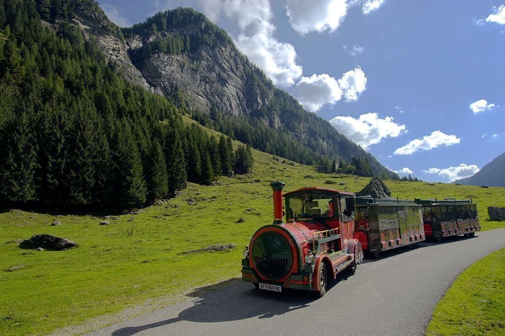 A vintage steam train with open carriages traveling on a road through a mountainous area with green fields and dense forests.