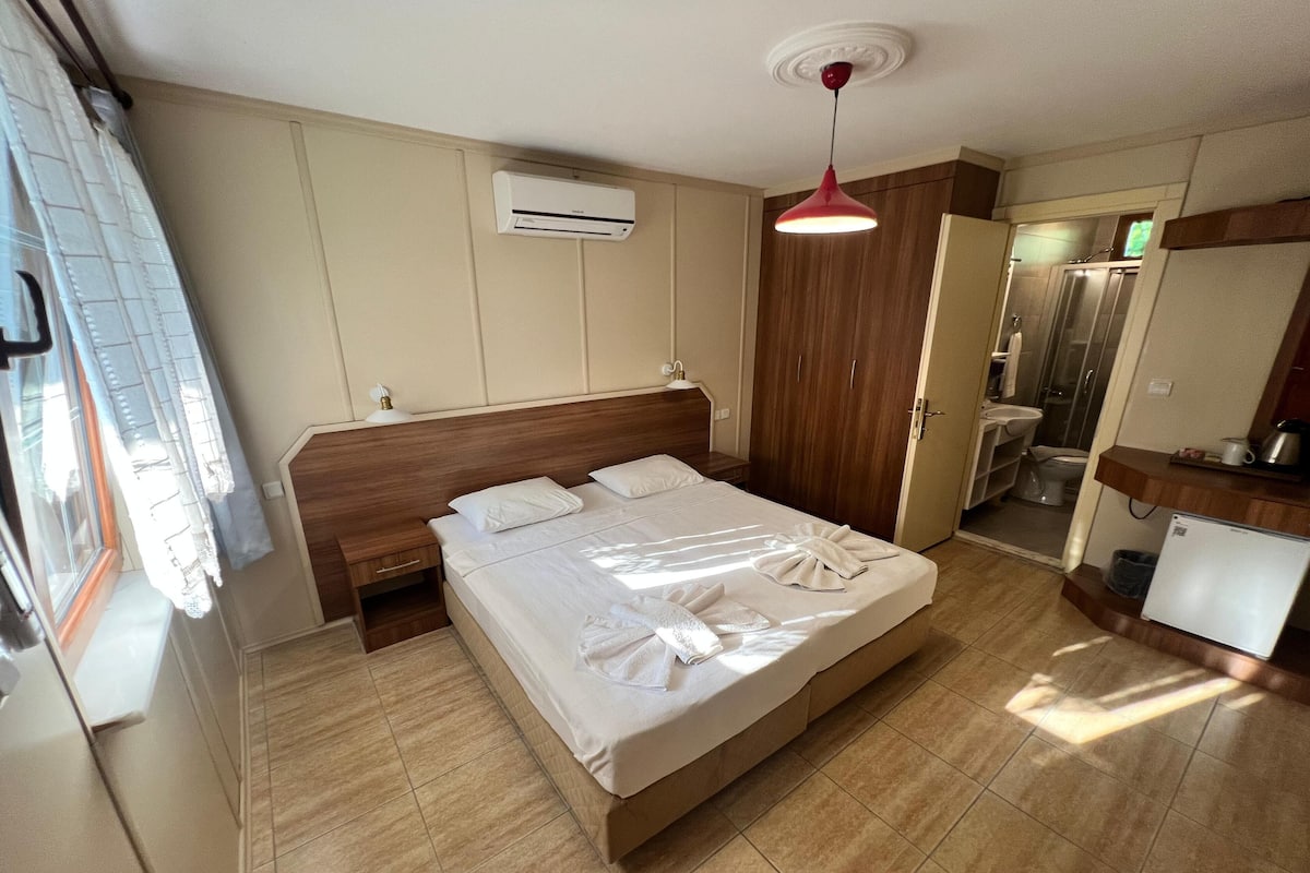 A hotel room with a bed, a nightstand, a wardrobe, a bathroom, and a kitchenette.
