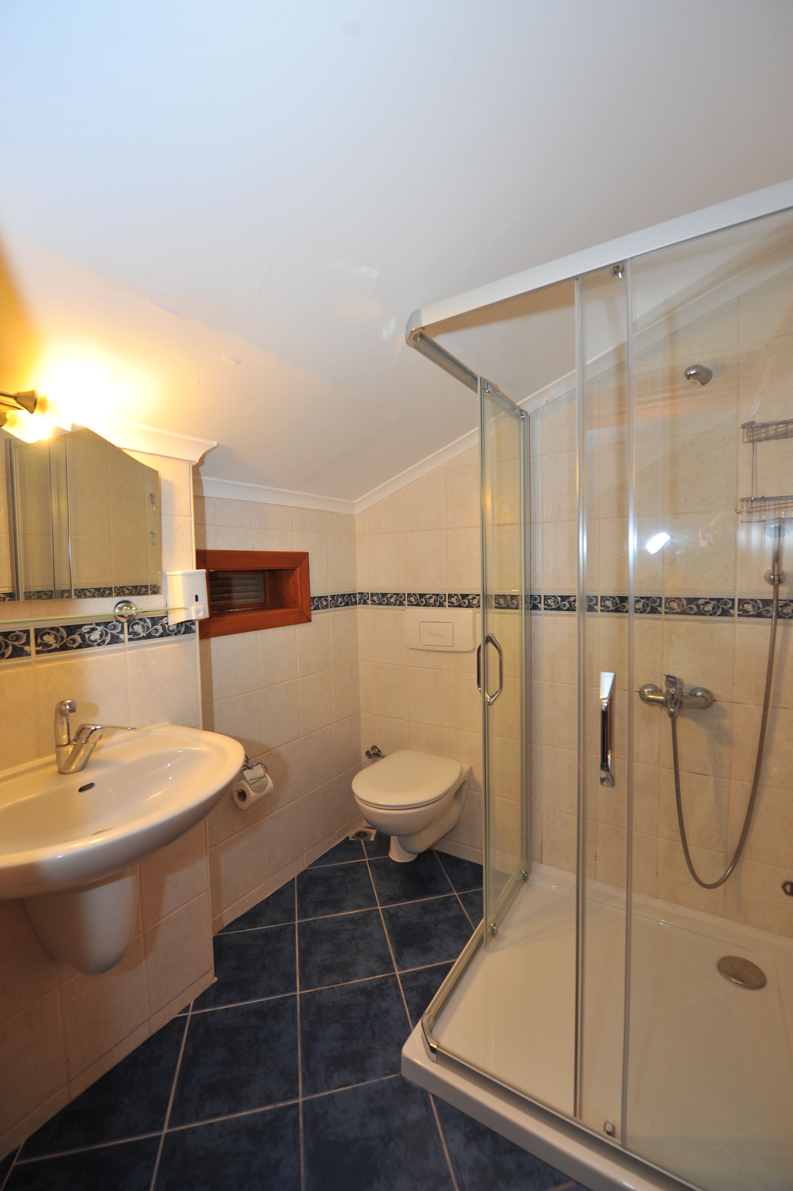 standard double or twin attic room | bathroom | shower, hair dryer, towels