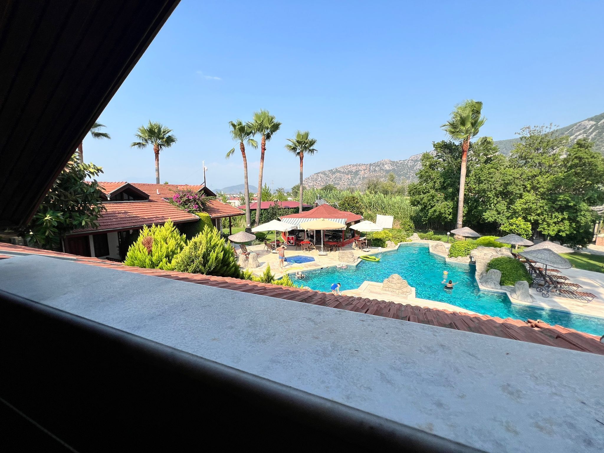 Zona de piscina con palmeras, área de barbacoa y montañas al fondo.