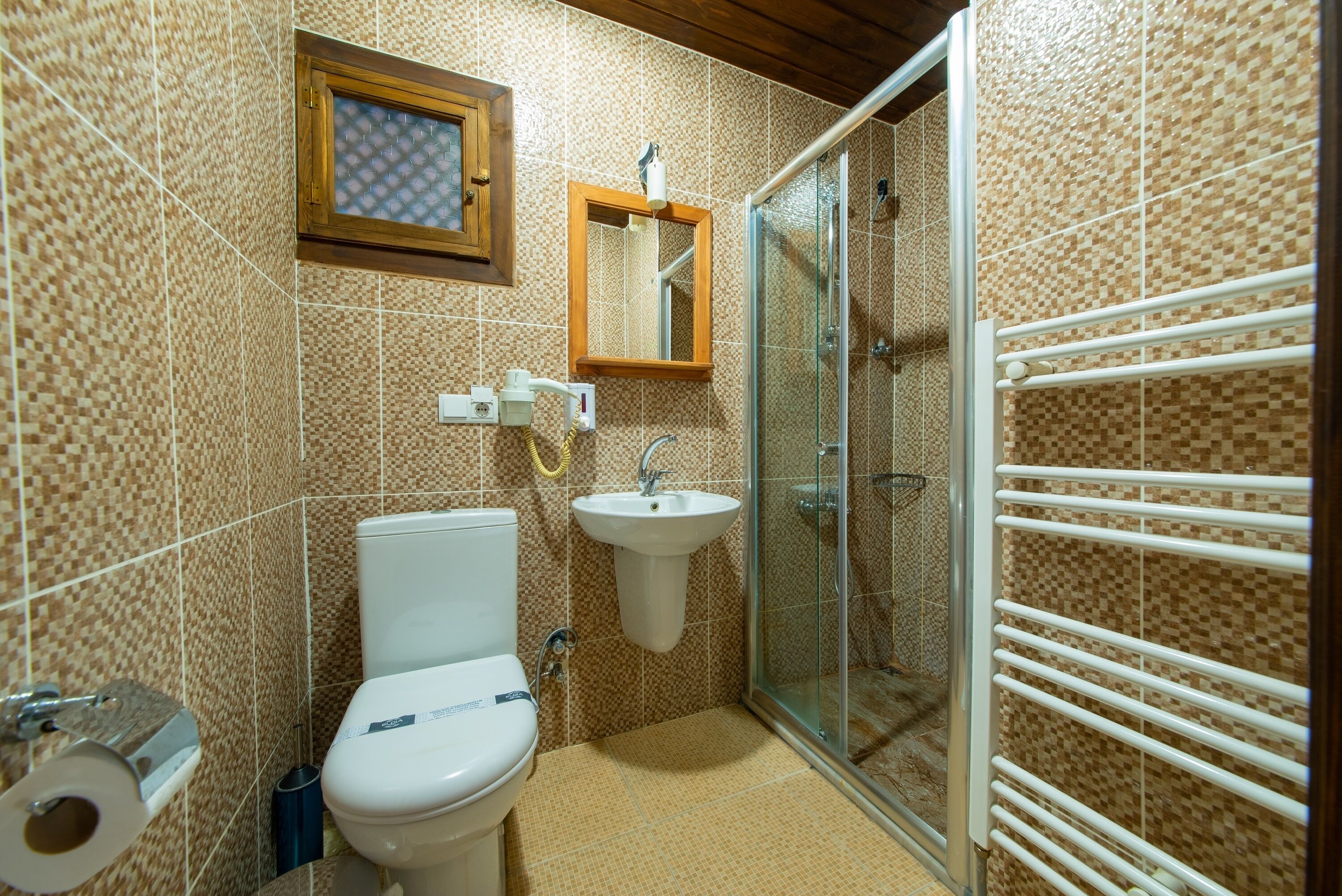 A bathroom with a toilet, sink, and shower.