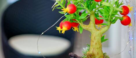 A potted tree with red fruits and a clear bubble-like cover.