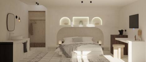A modern bedroom with a large bed, bedside tables, a built-in bench, a wall-mounted TV, and a bathroom with a sink and mirror.