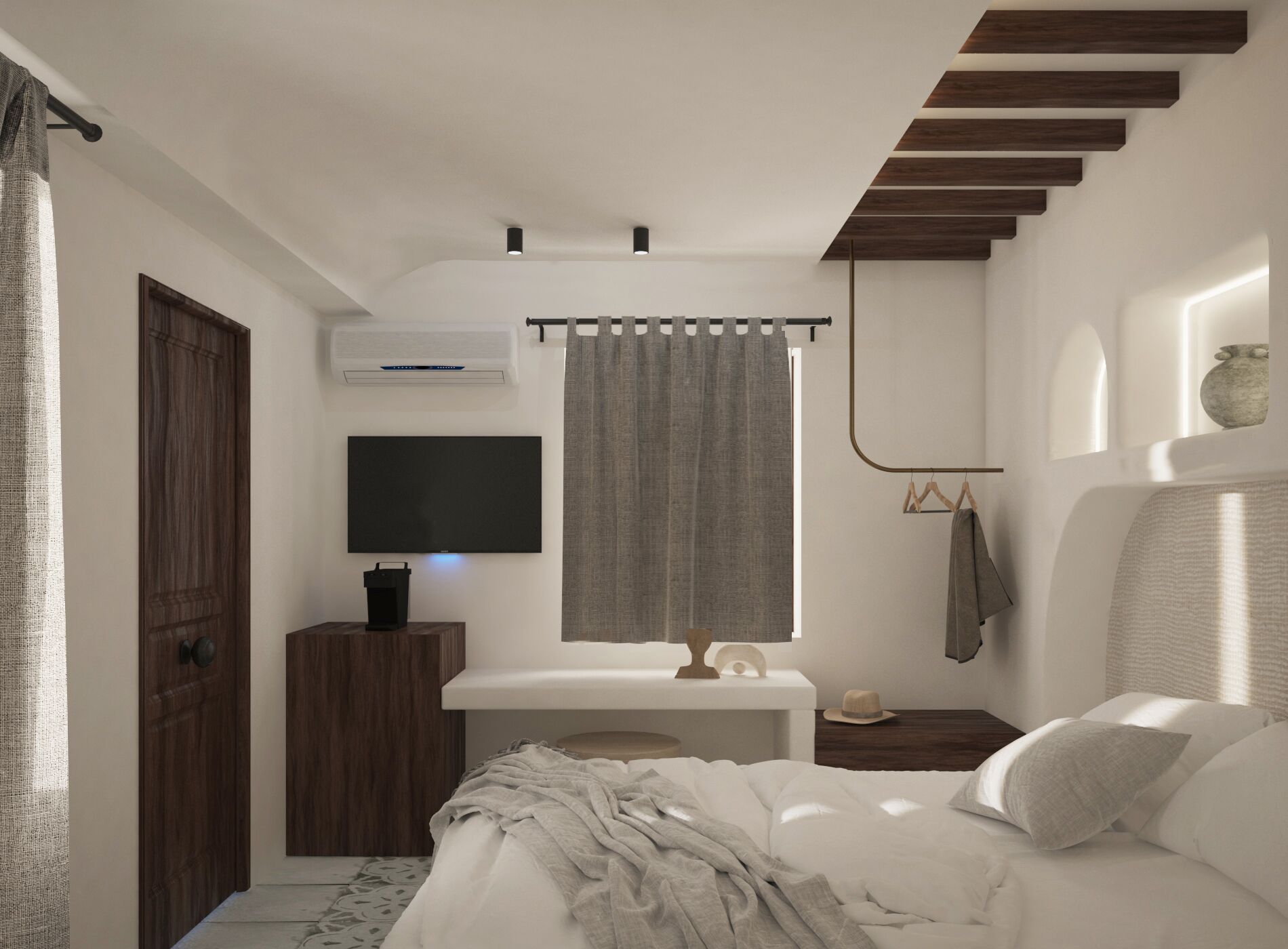 A bedroom with a bed, a TV mounted on the wall, a window with curtains, a bedside table, and a wooden staircase.