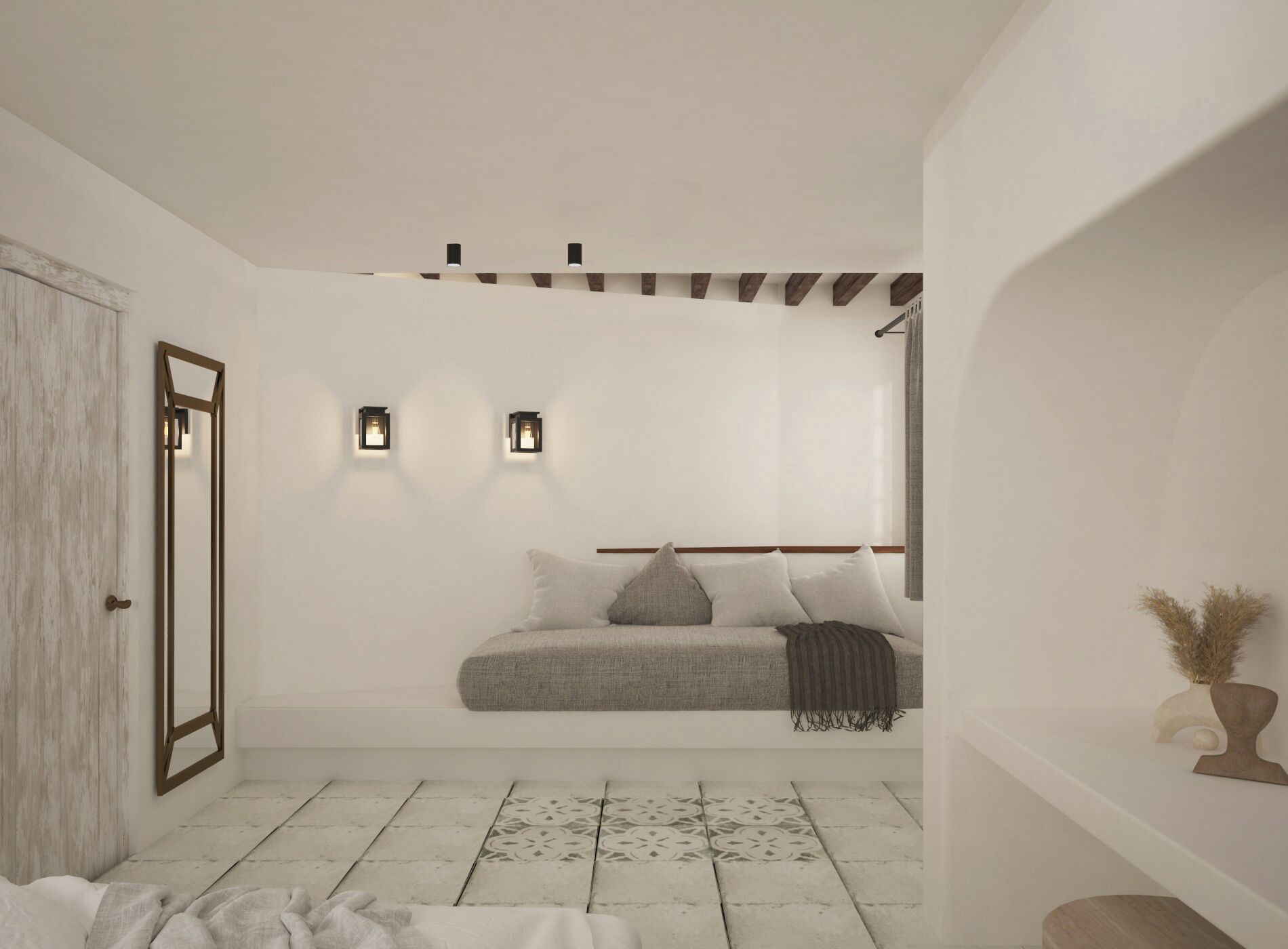 A minimalist room with a bed, two wall-mounted lights, a wooden door, and a patterned floor.