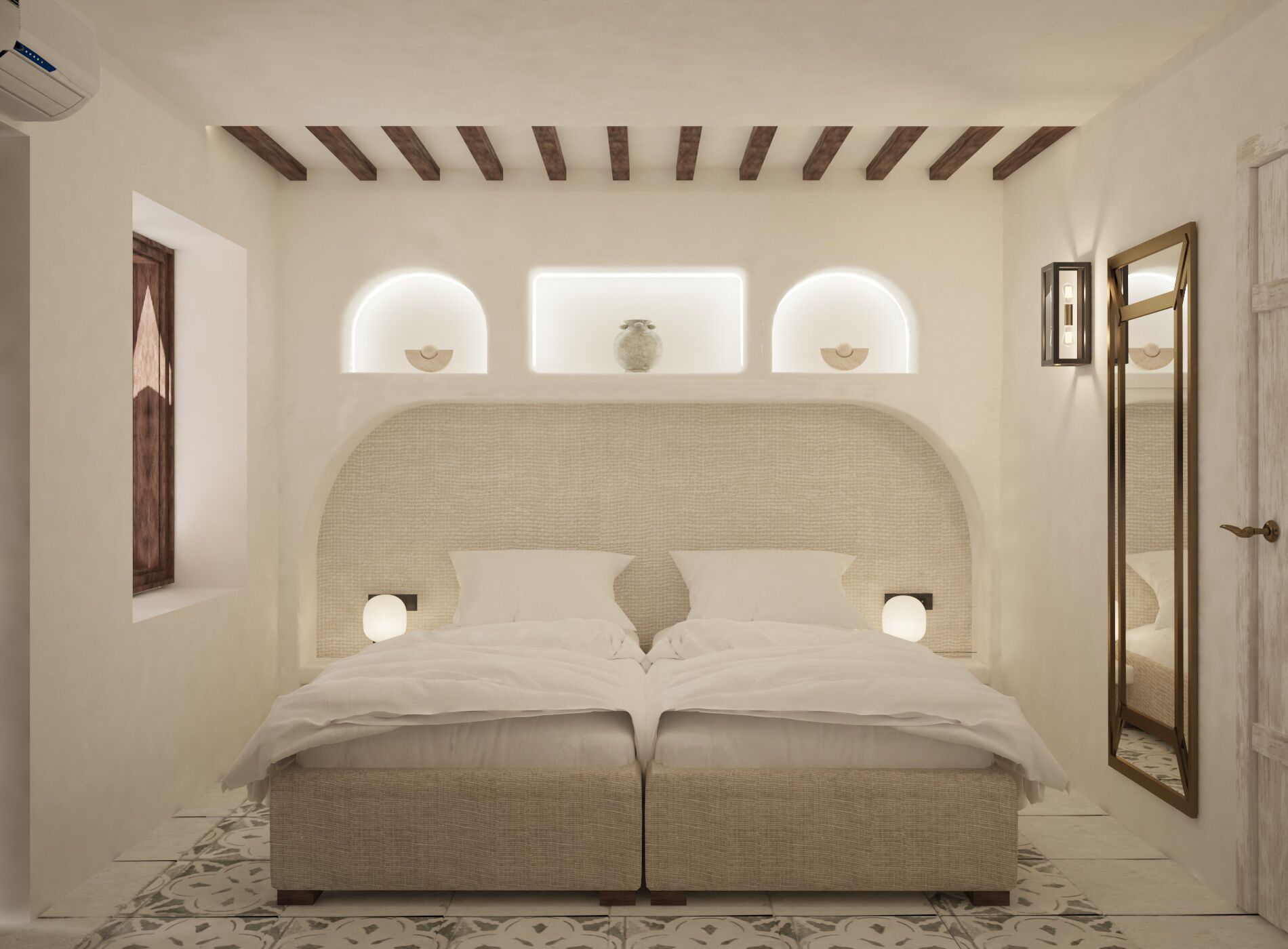A bedroom with a large bed, two bedside tables, a ceiling fan, and a mirror.