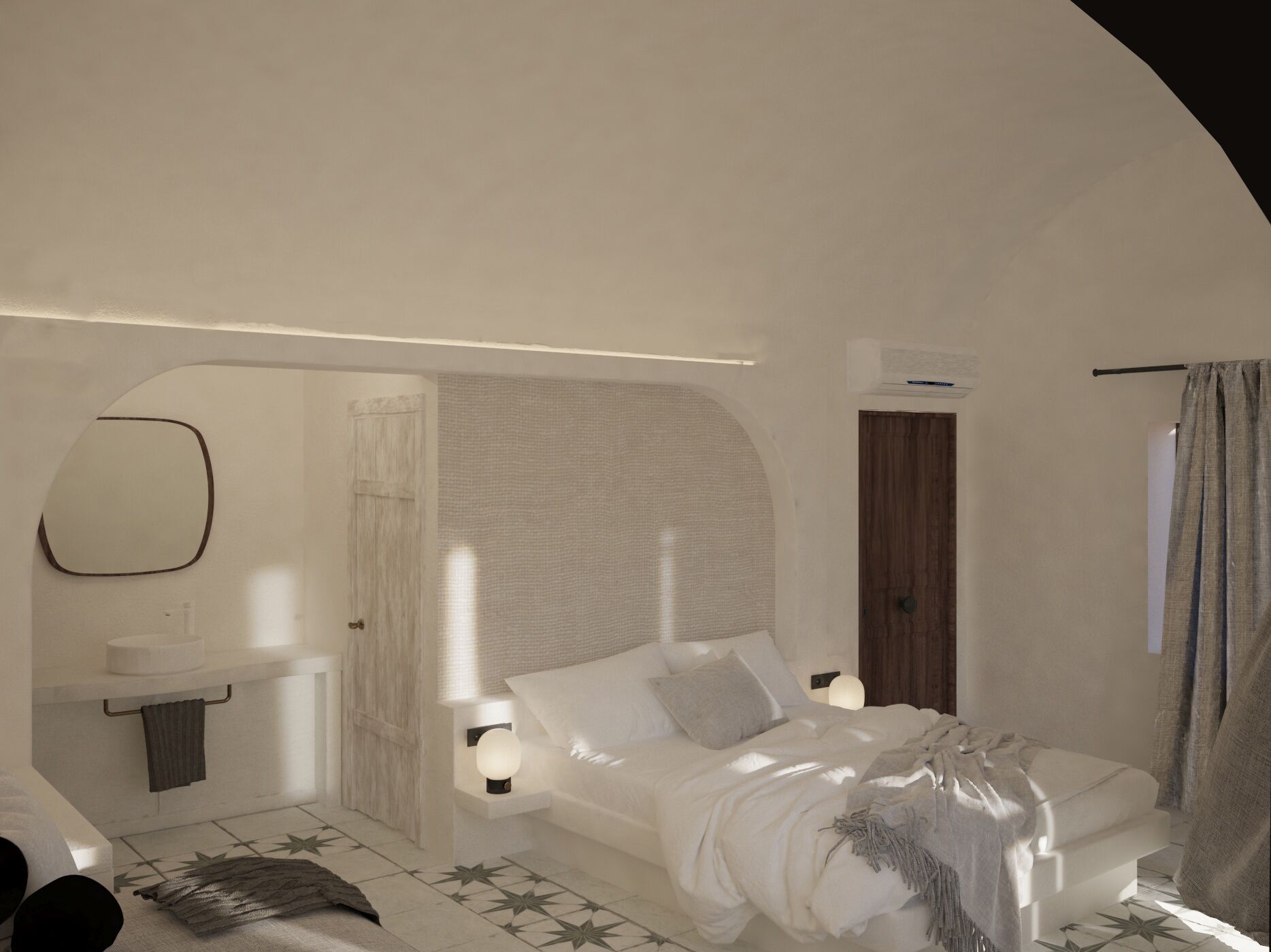 A minimalist bedroom with a bed, bedside table, and a small bathroom area.