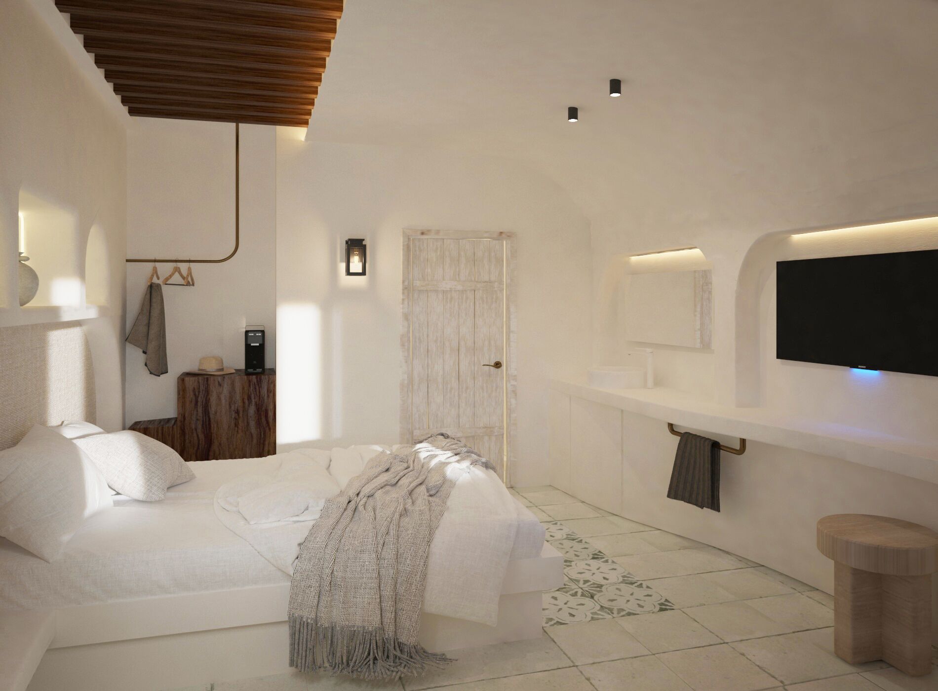 A modern bedroom with a bed, bedside table, and a TV mounted on the wall.
