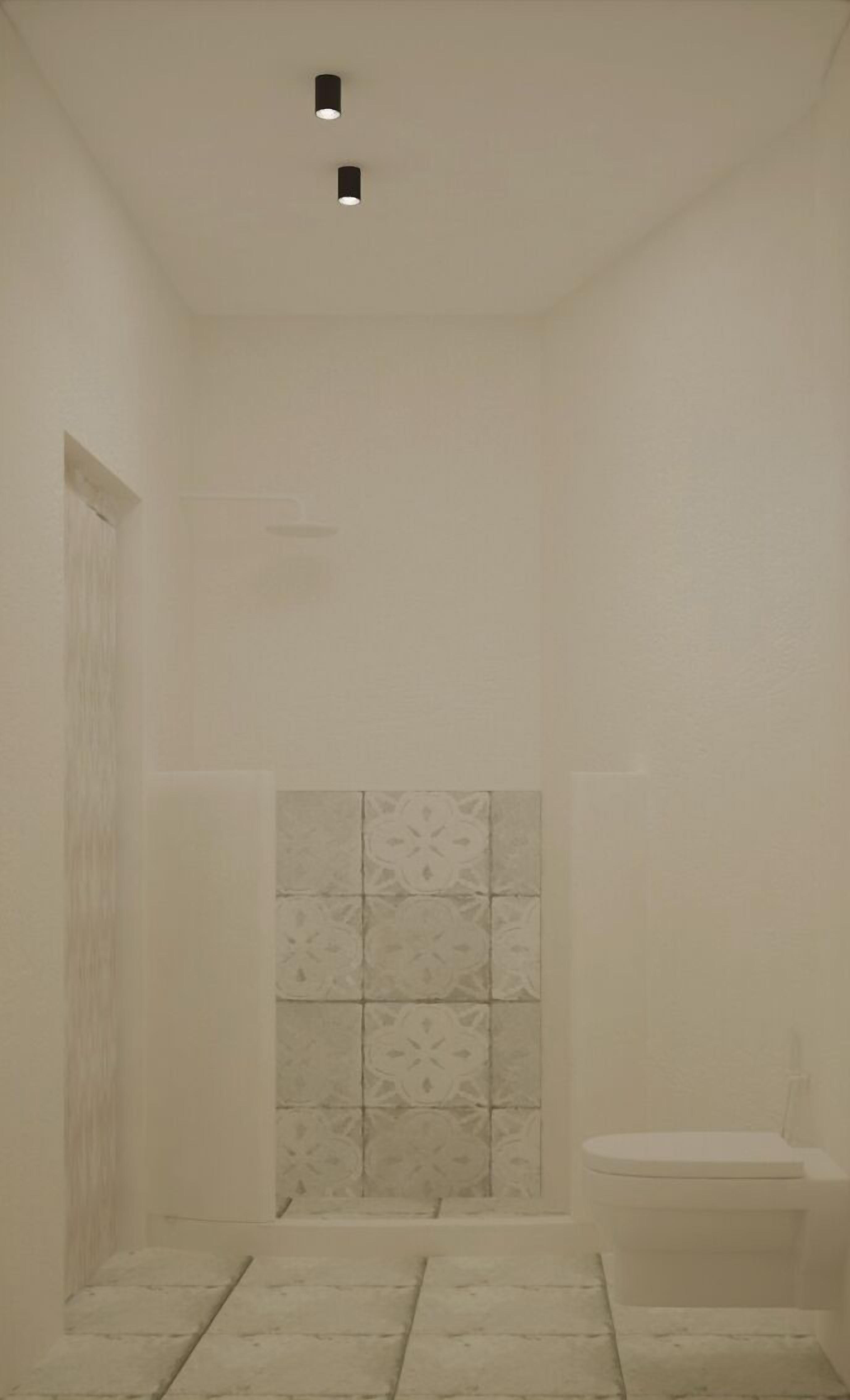 A bathroom with a shower, toilet, and tiled walls.