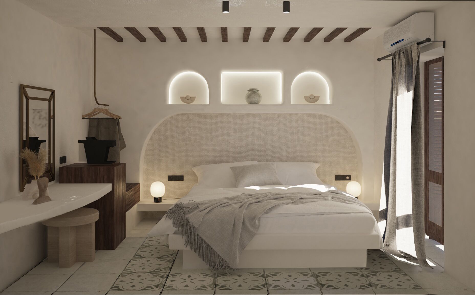 A modern bedroom with a large bed, bedside tables, a vanity, and a unique ceiling design.