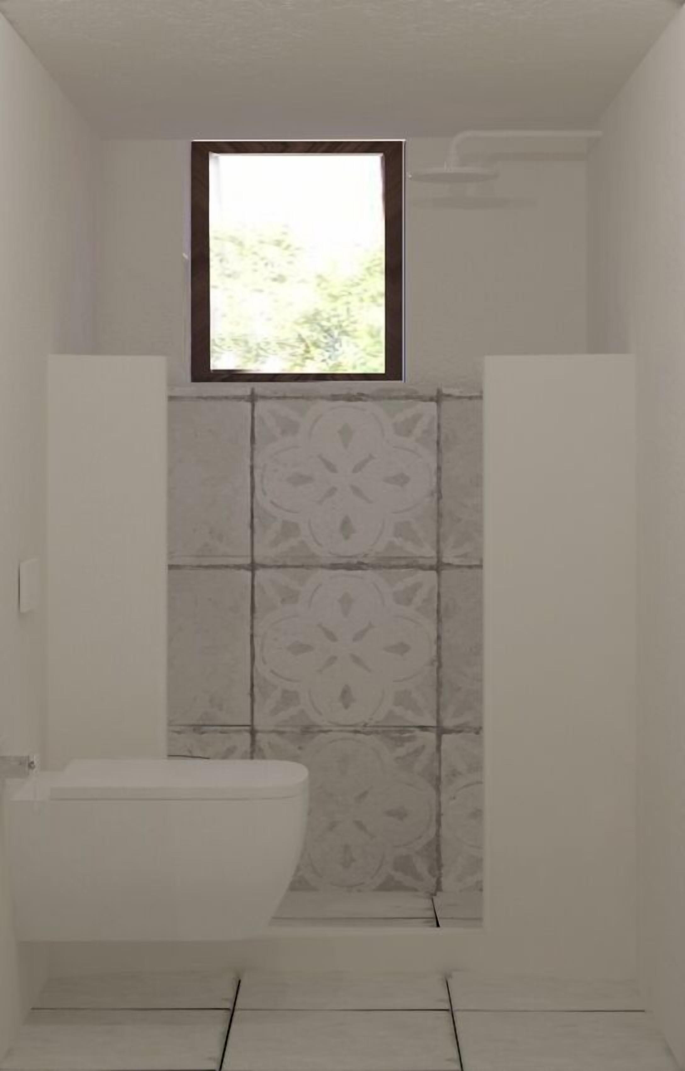 A bathroom with a toilet, a window, and patterned tiles.