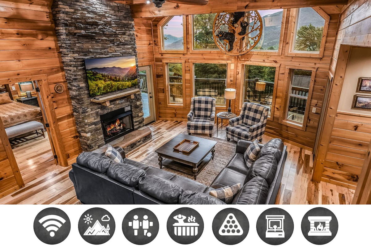 Cabin, 3 Bedrooms | Living area | Flat-screen TV, fireplace, DVD player, foosball