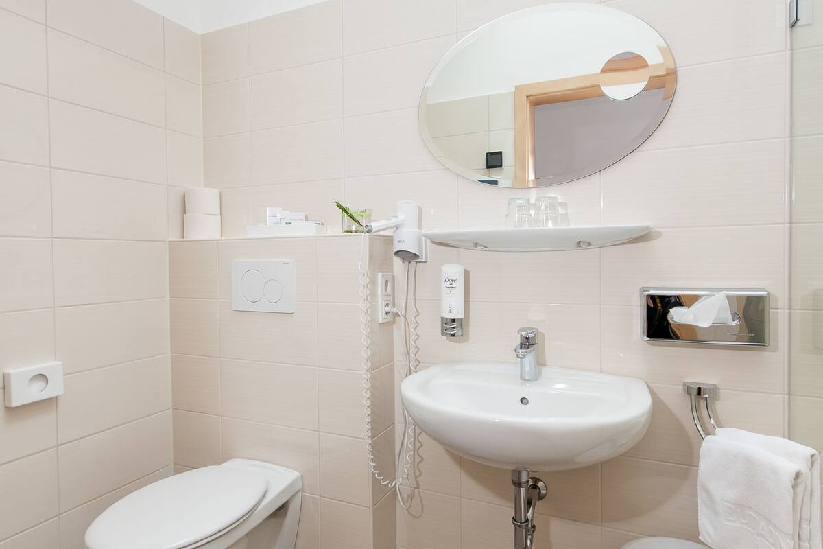 shower, free toiletries, hair dryer, slippers