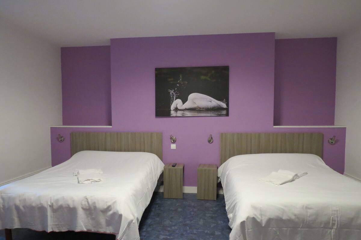 A hotel room with two beds, a purple wall, and a painting of a swan.