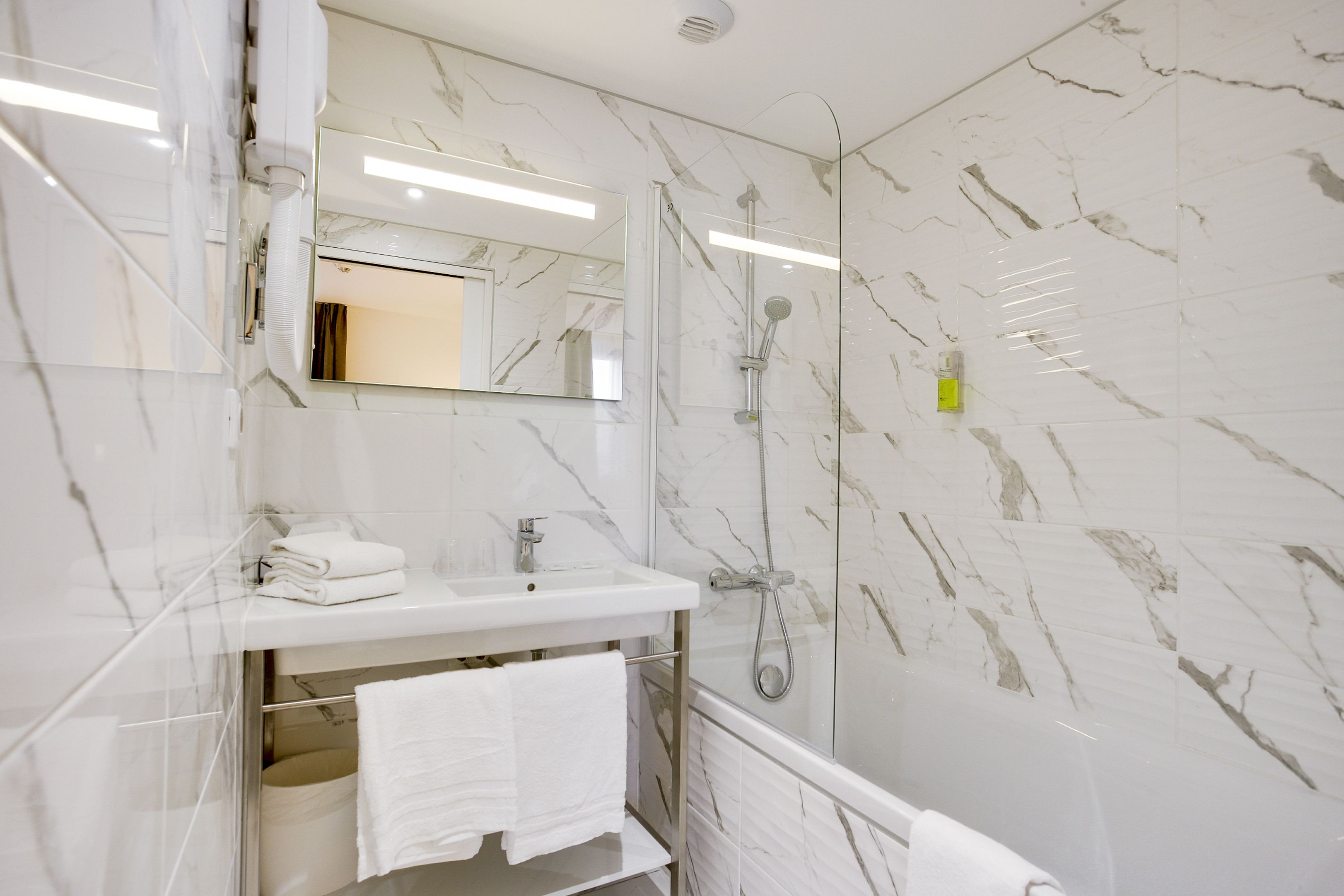 free toiletries, hair dryer, towels