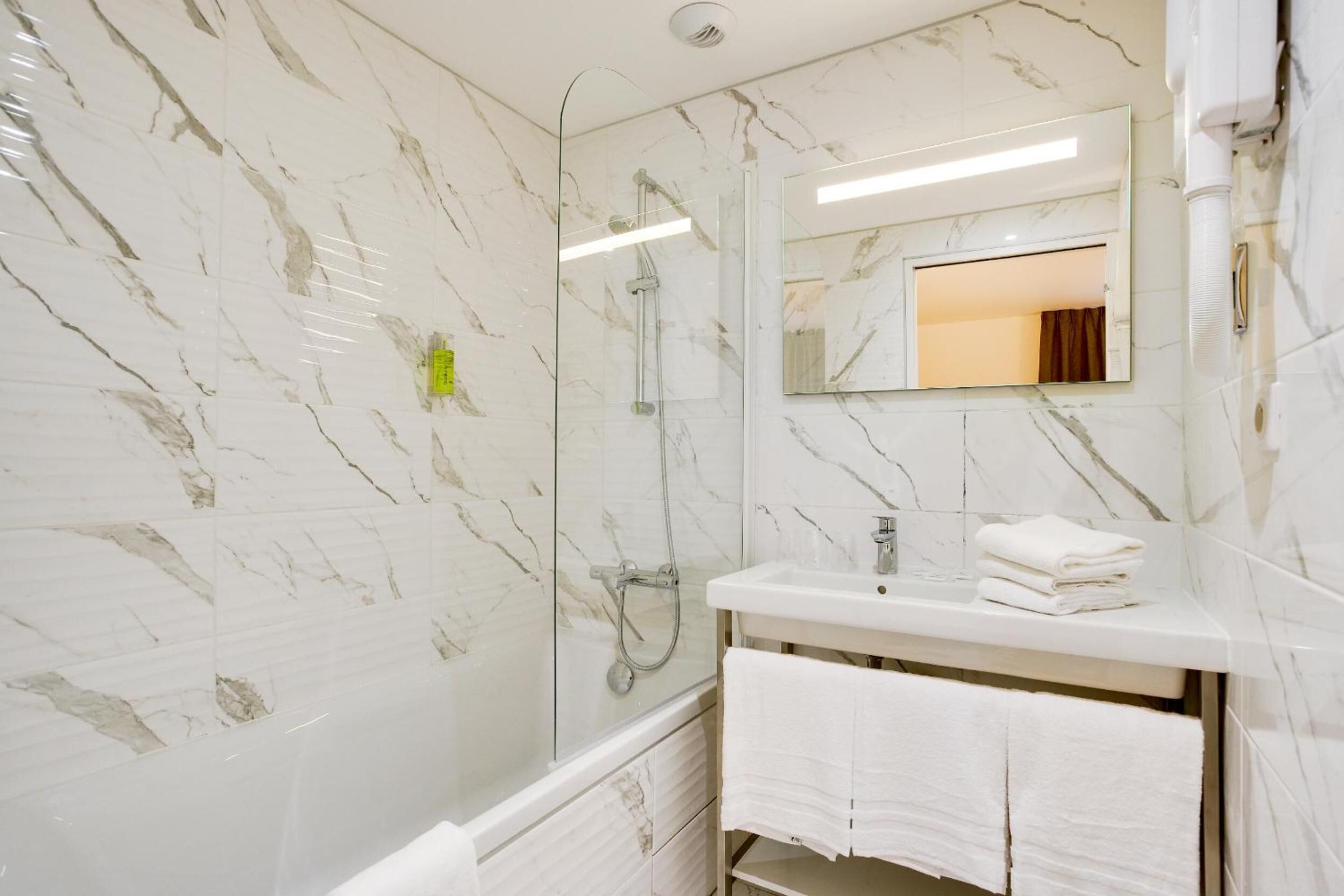 free toiletries, hair dryer, towels