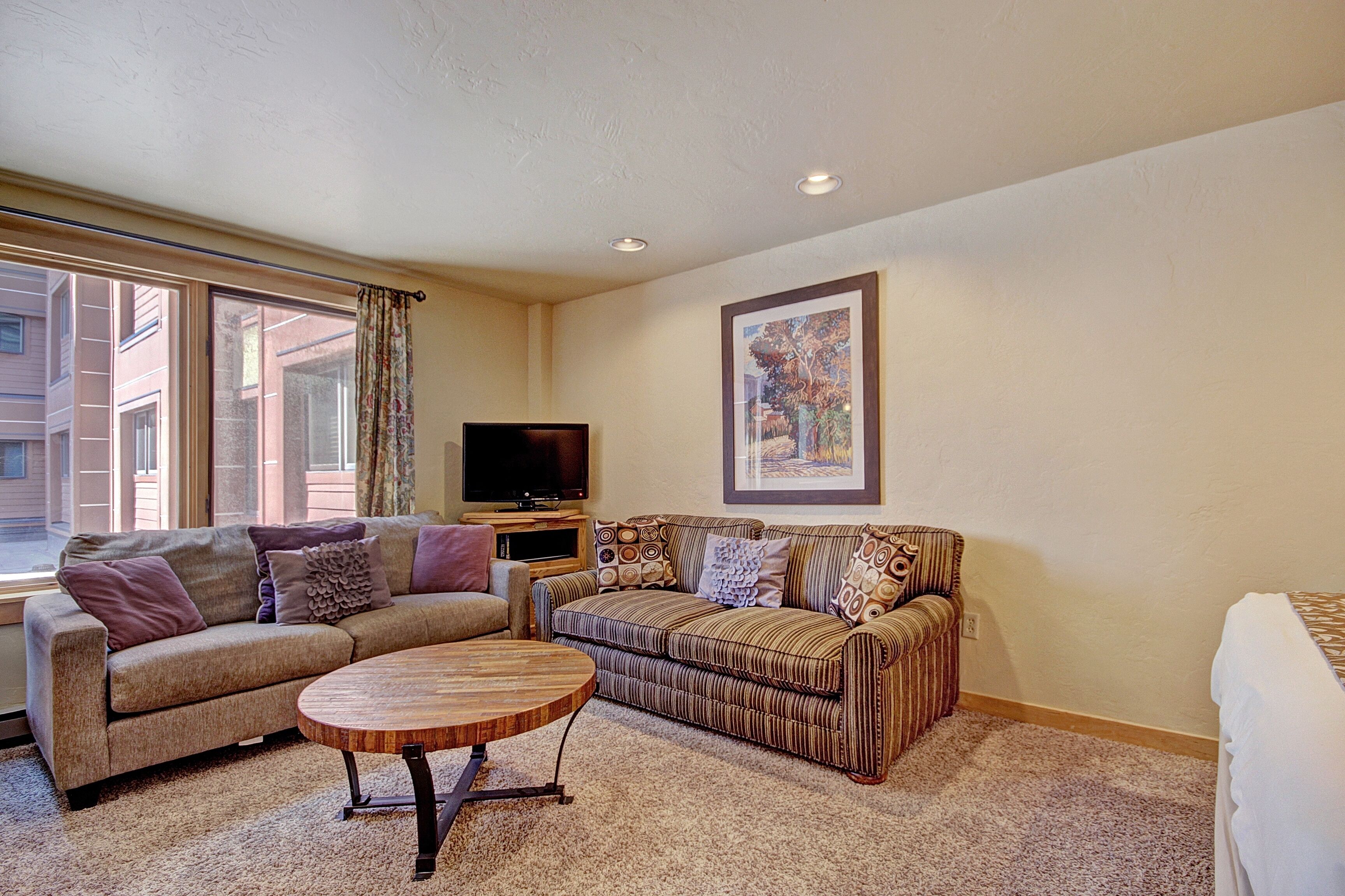 A living room with two sofas, a coffee table, a TV, and a framed picture on the wall.