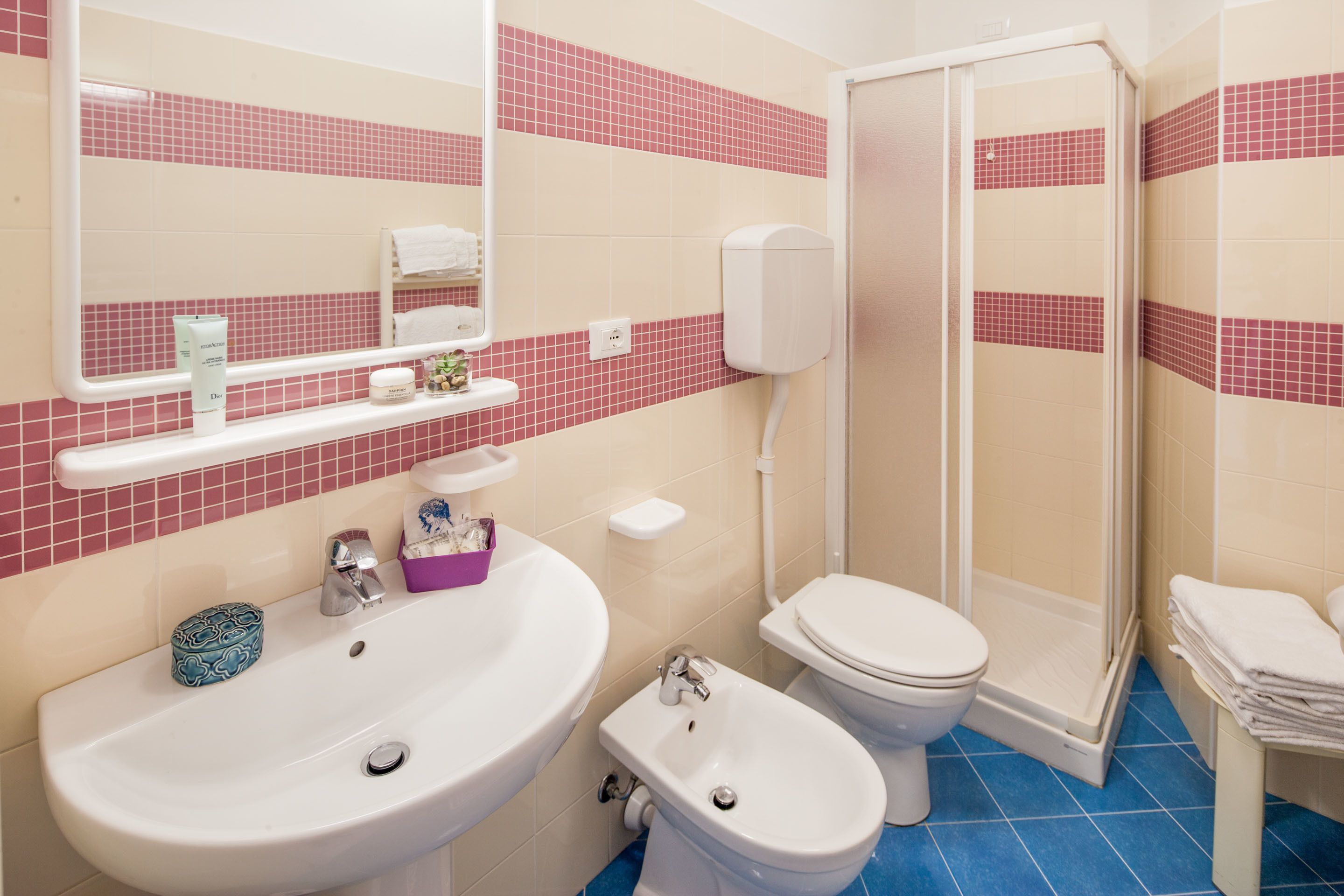 free toiletries, hair dryer, bidet, towels