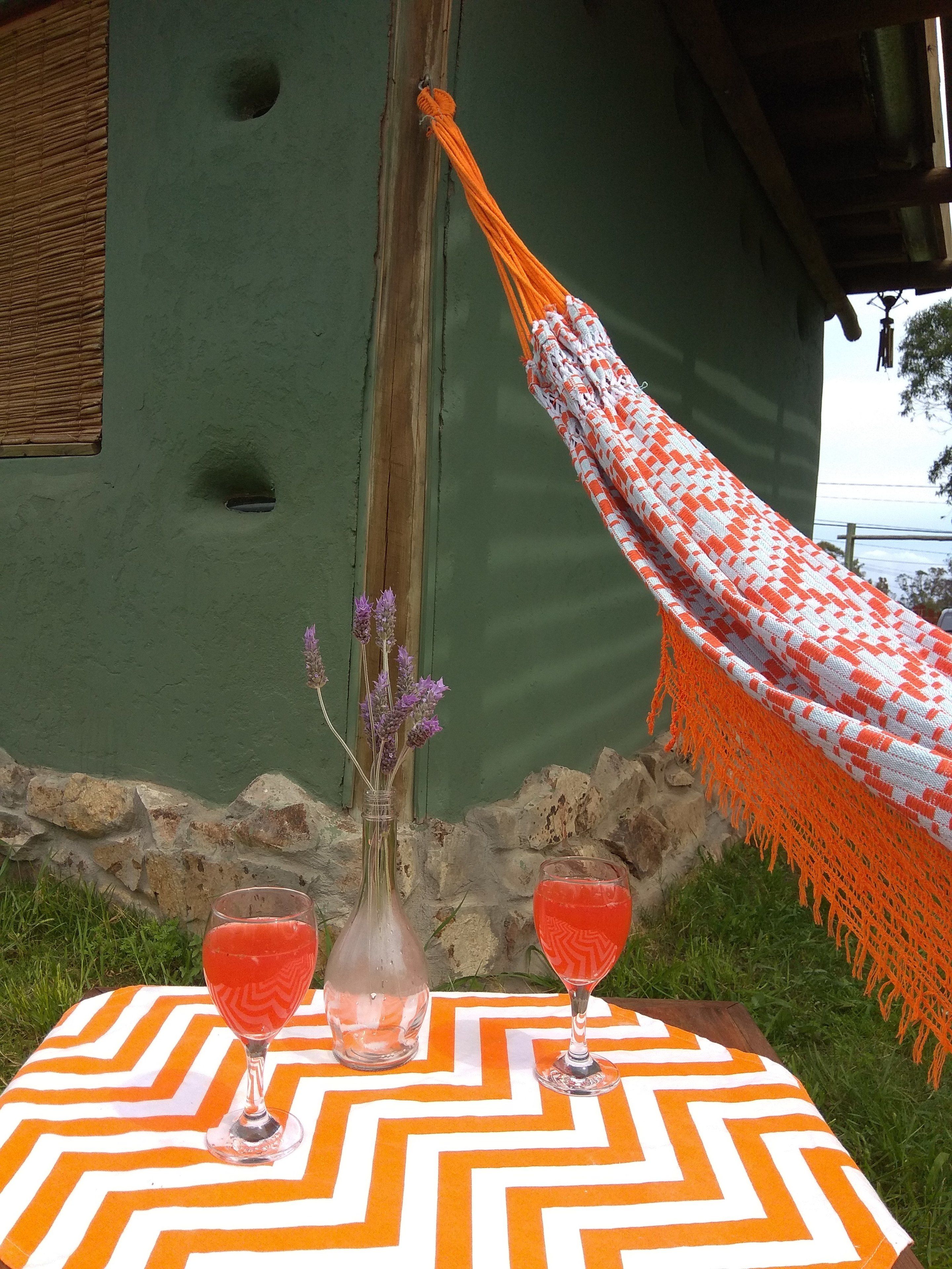 A table with two glasses of red drink, a clear vase with purple flowers, and an orange and white patterned tablecloth.