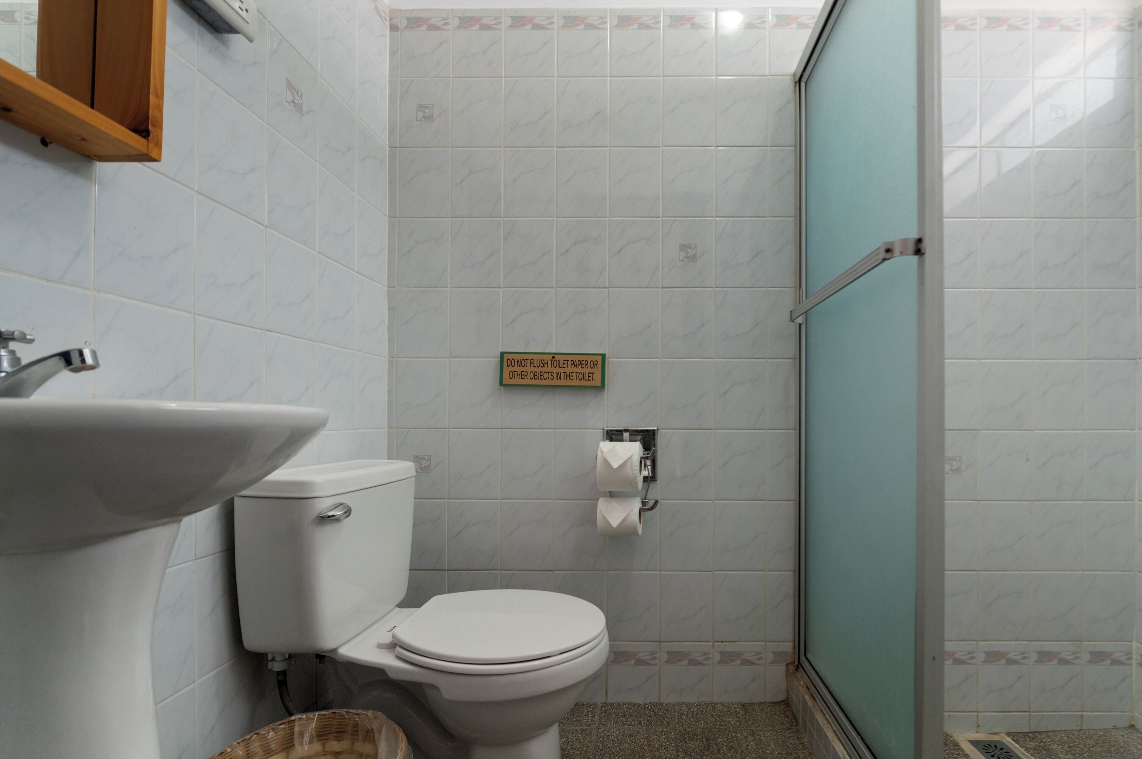 A bathroom with a toilet, sink, and a shower area.