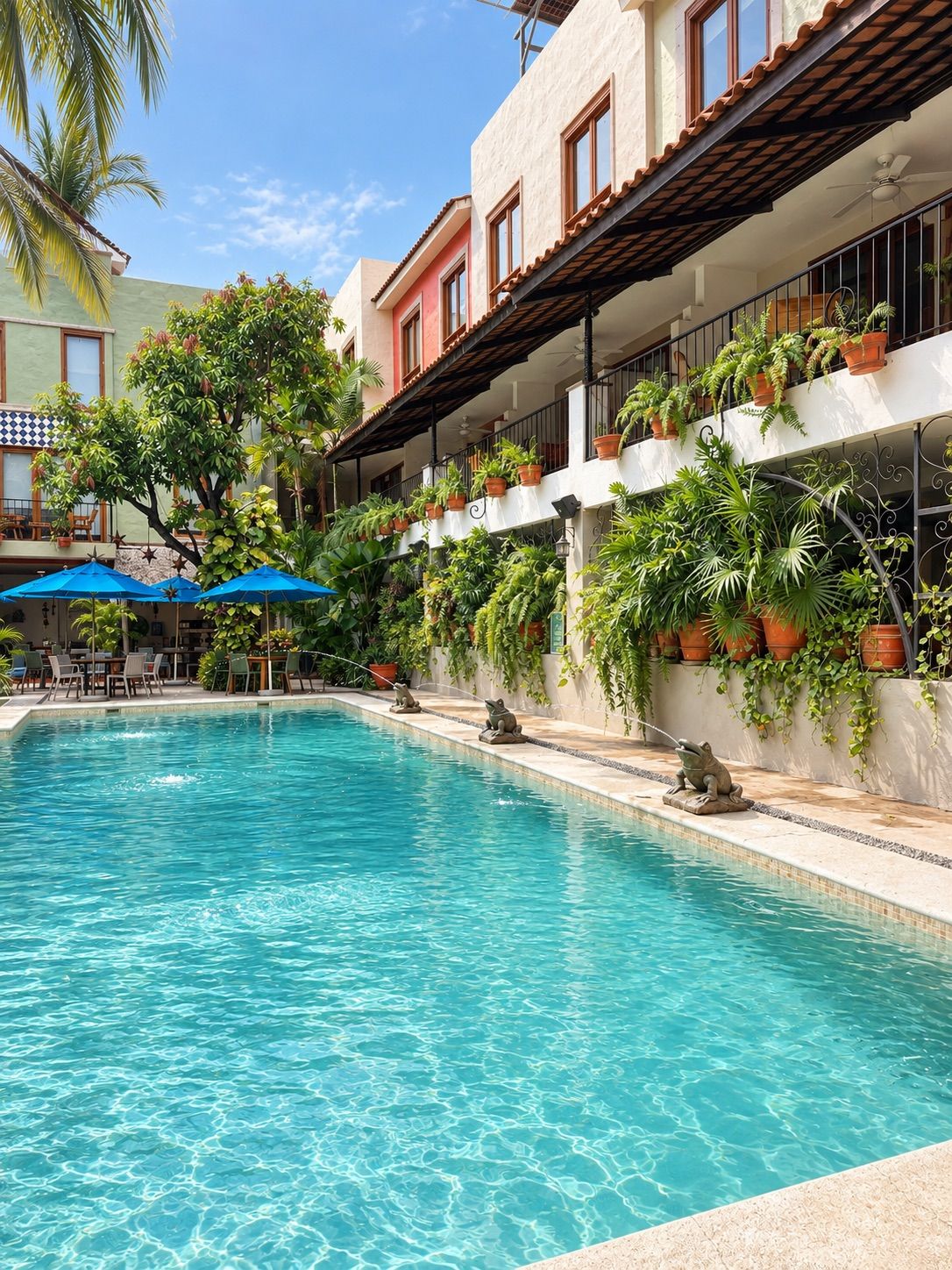 Una piscina con agua azul cristalina, rodeada por un edificio con balcones decorados con plantas en macetas.