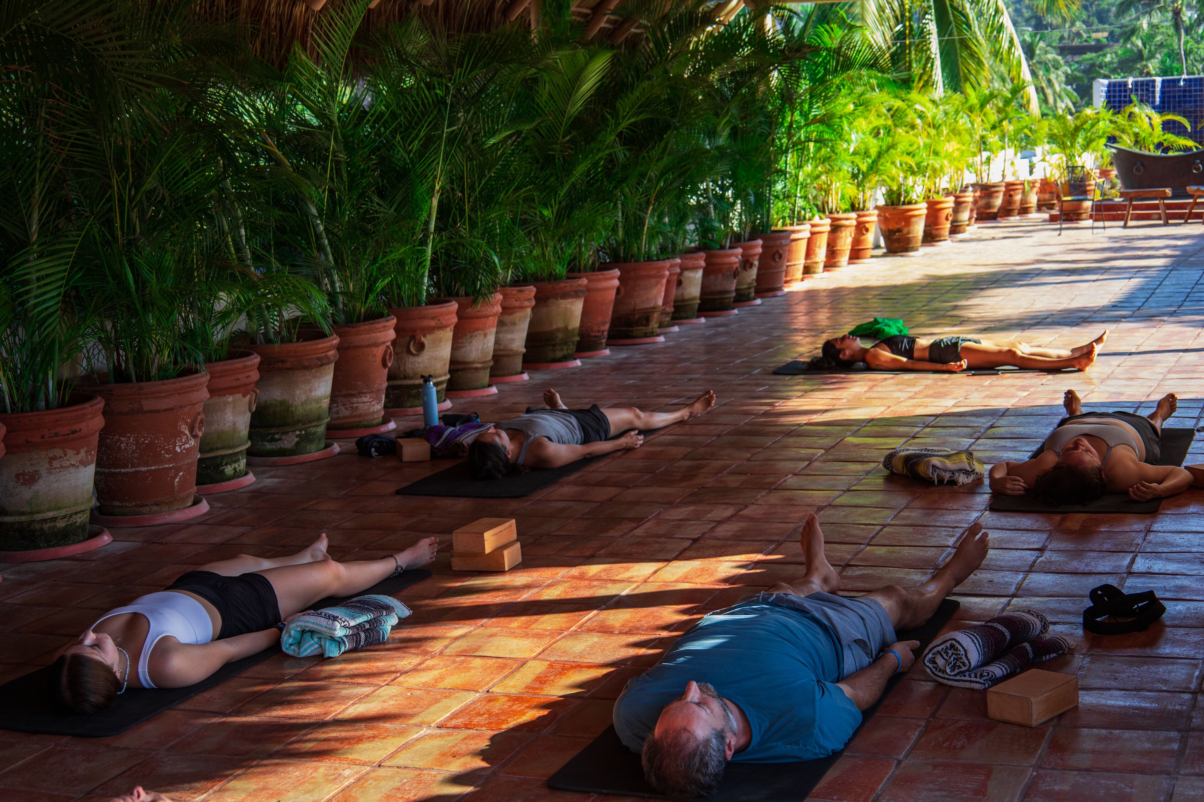 A group of people lying on mats in a sunlit outdoor area with potted plants and a tiled floor.