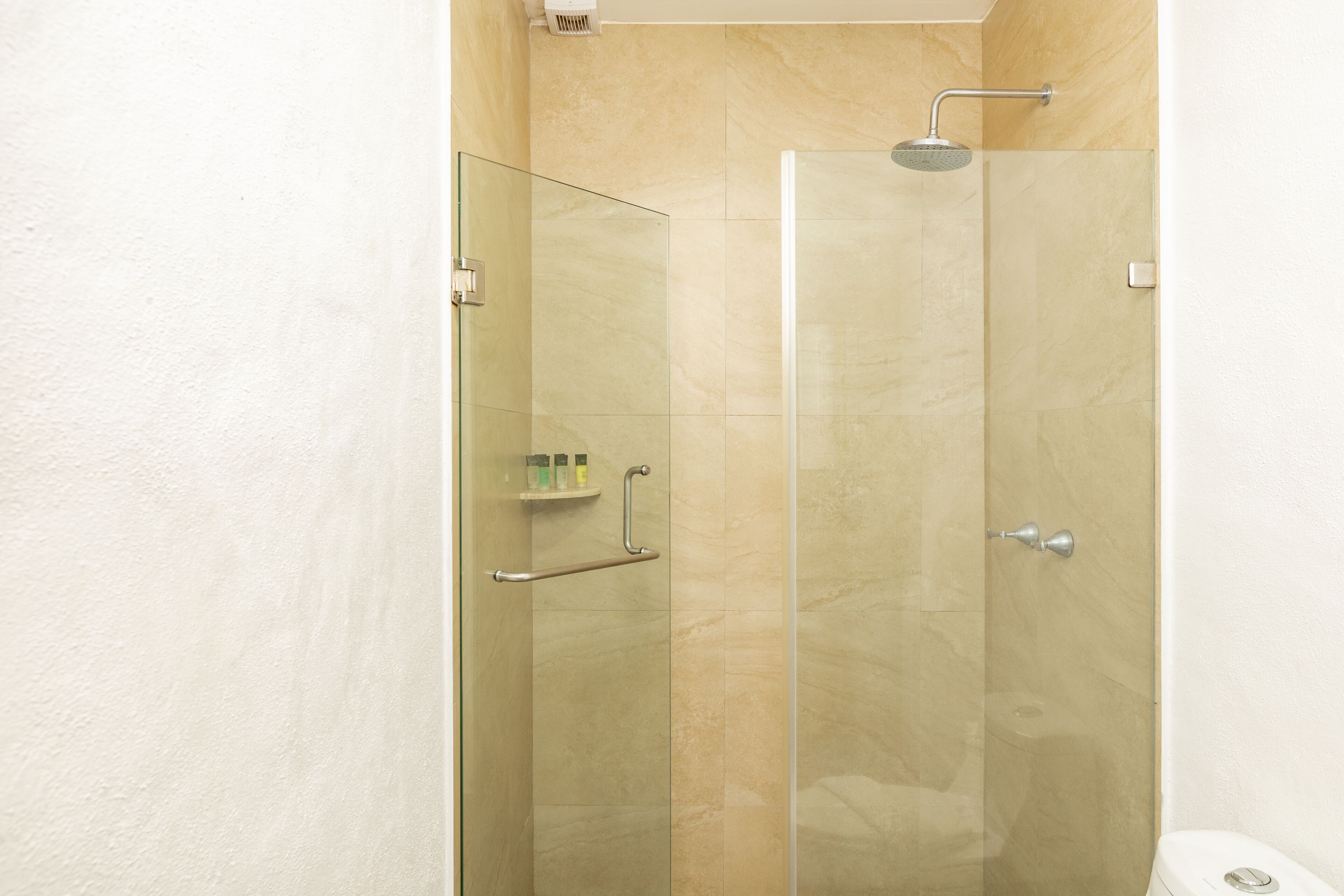 Ducha con cerramiento de vidrio, cabezal de ducha de mano y puerta de cristal.