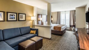 Une chambre d’hôtel avec un canapé, un lit, un bureau et une télévision.