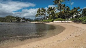Una playa con agua cristalina, palmeras y una cadena montañosa a lo lejos.