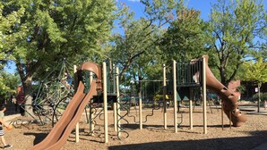 A playground with a slide and climbing structures.