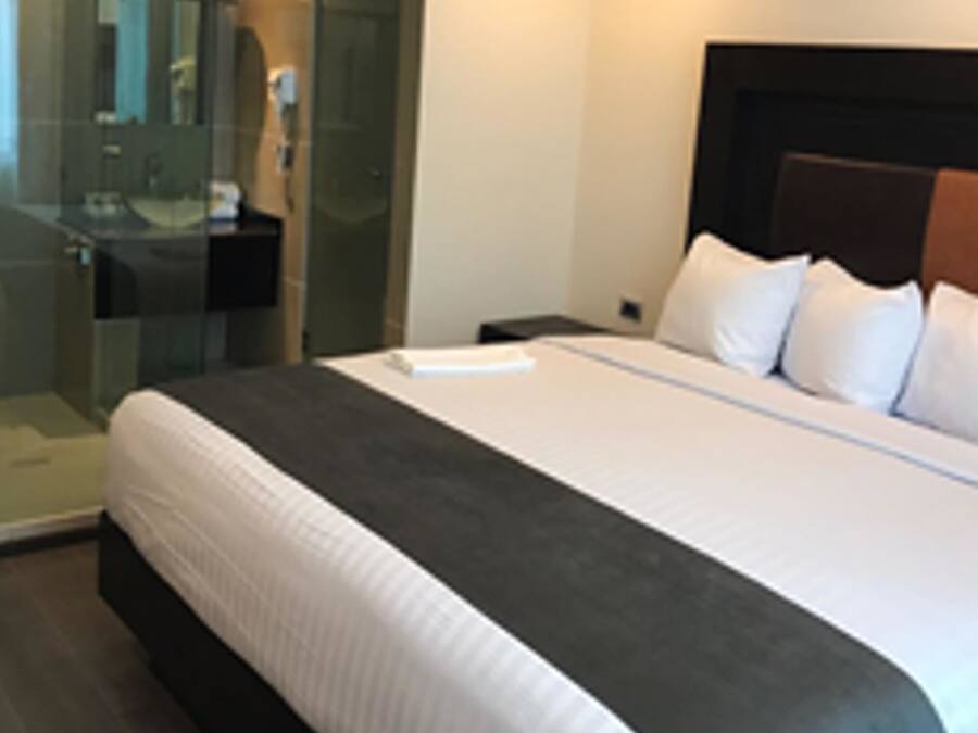 A hotel room with a large bed, a bedside table, a glass shower enclosure, and a dark headboard.