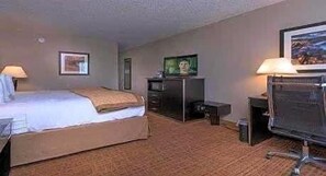 Una habitació d'hotel amb llit, escriptori, cadira, televisió i un quadre a la paret.