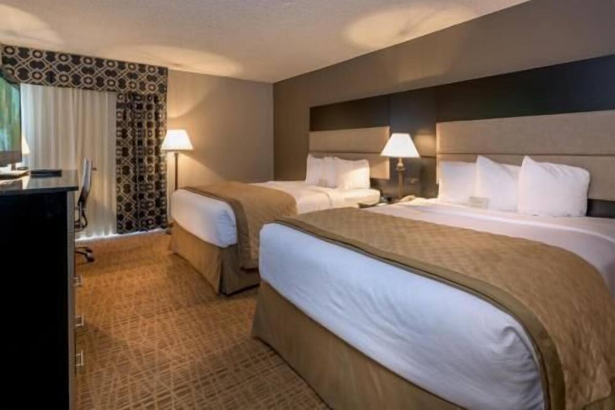 Habitación de hotel con dos camas, un escritorio y un papel tapiz estampado.
