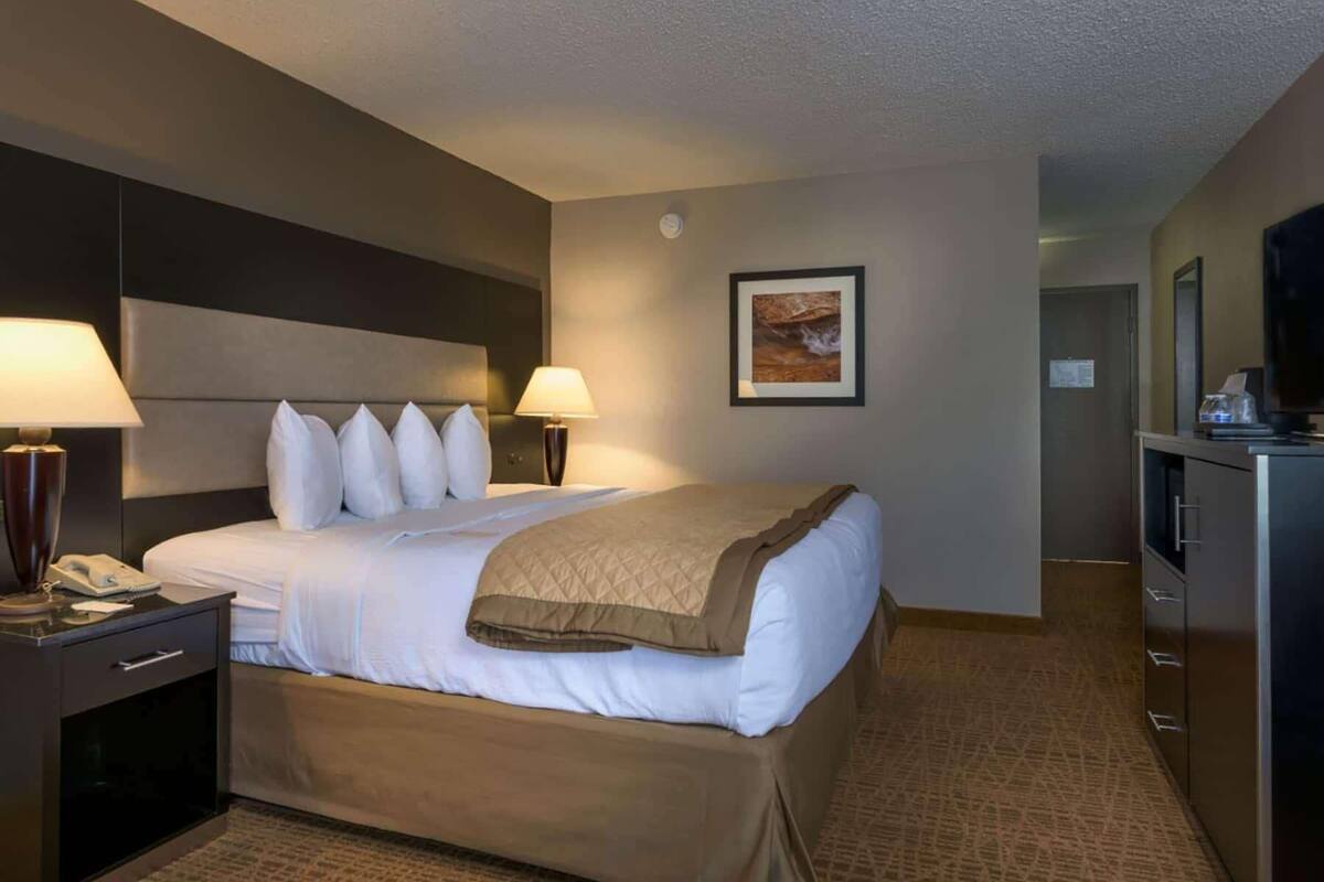 Habitación de hotel con cama, lámparas de noche, teléfono, televisión y un cuadro en la pared.