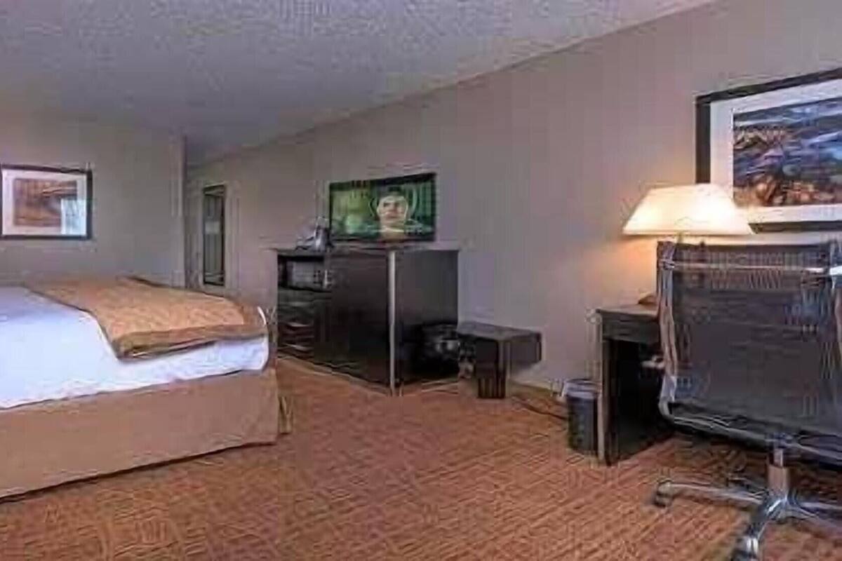 Habitación de hotel con cama, escritorio, silla, televisor y un cuadro en la pared.