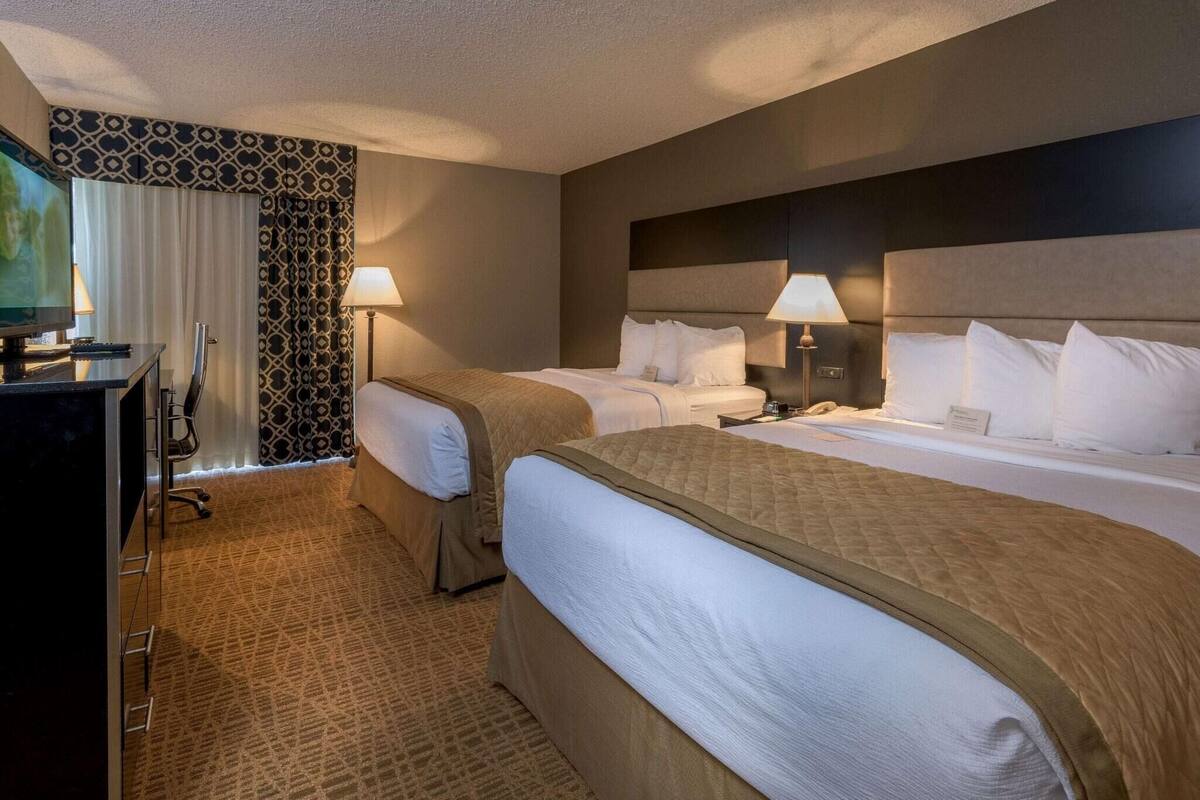 Una habitación de hotel con dos camas, un escritorio y un televisor, y una pared con diseño.