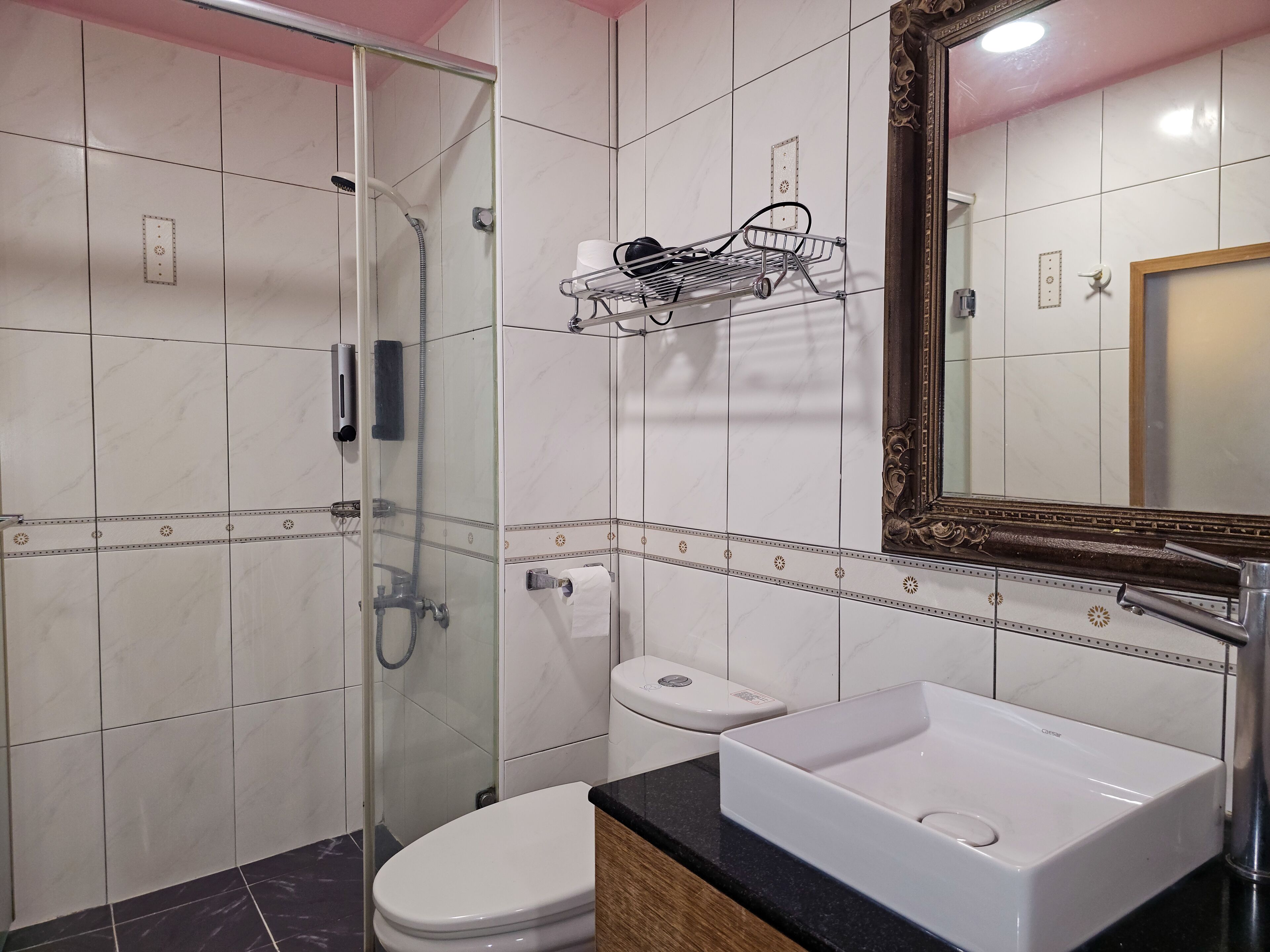 Une salle de bain avec douche, toilettes et lavabo.