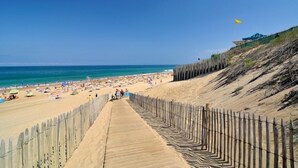 A beach with a wooden boardwalk leading to the shore, a sandy beach, and a clear blue sky.