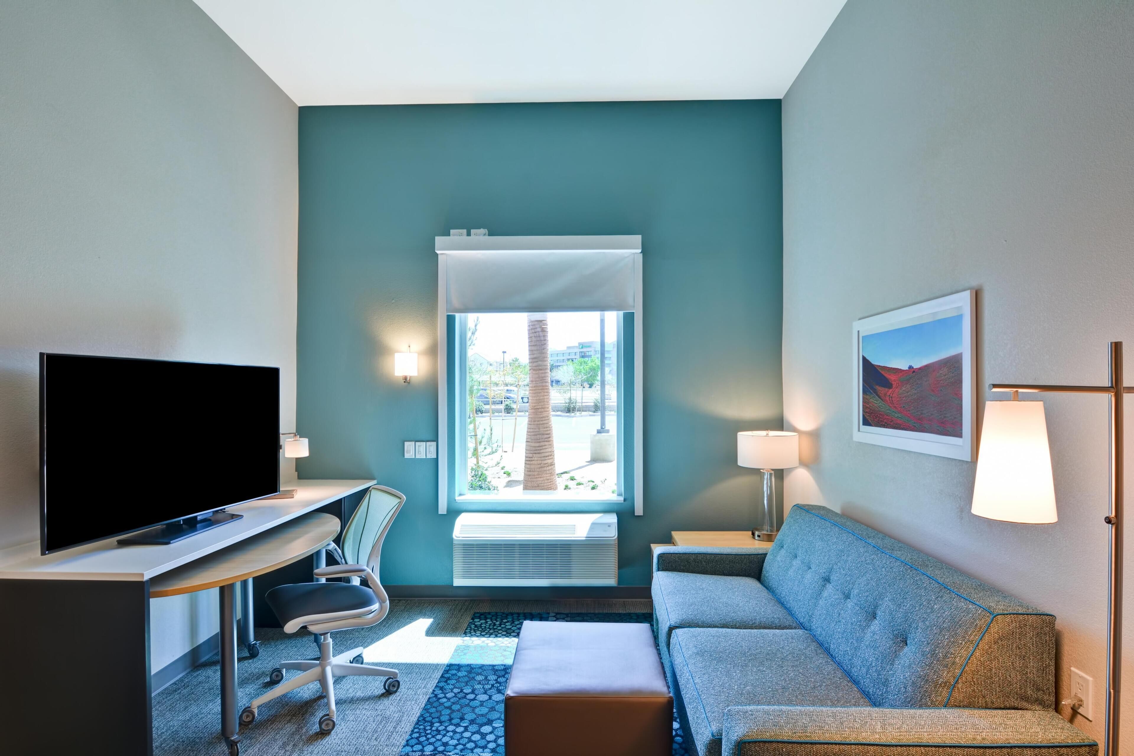 Individually furnished, desk, laptop workspace, blackout curtains