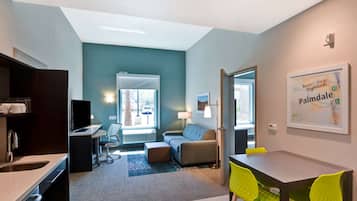 Individually furnished, desk, laptop workspace, blackout drapes