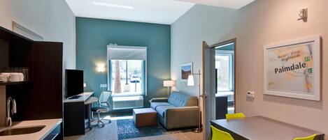 Individually furnished, desk, laptop workspace, blackout drapes