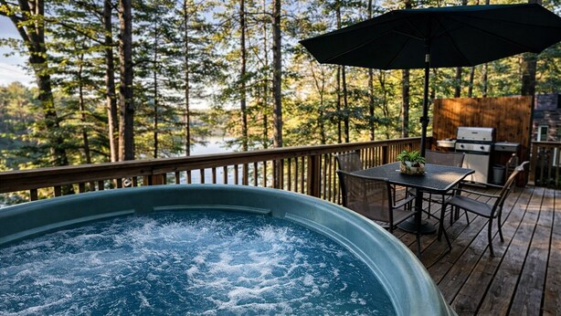 Un bain à remous sur une terrasse en bois, avec vue sur une forêt et un lac.