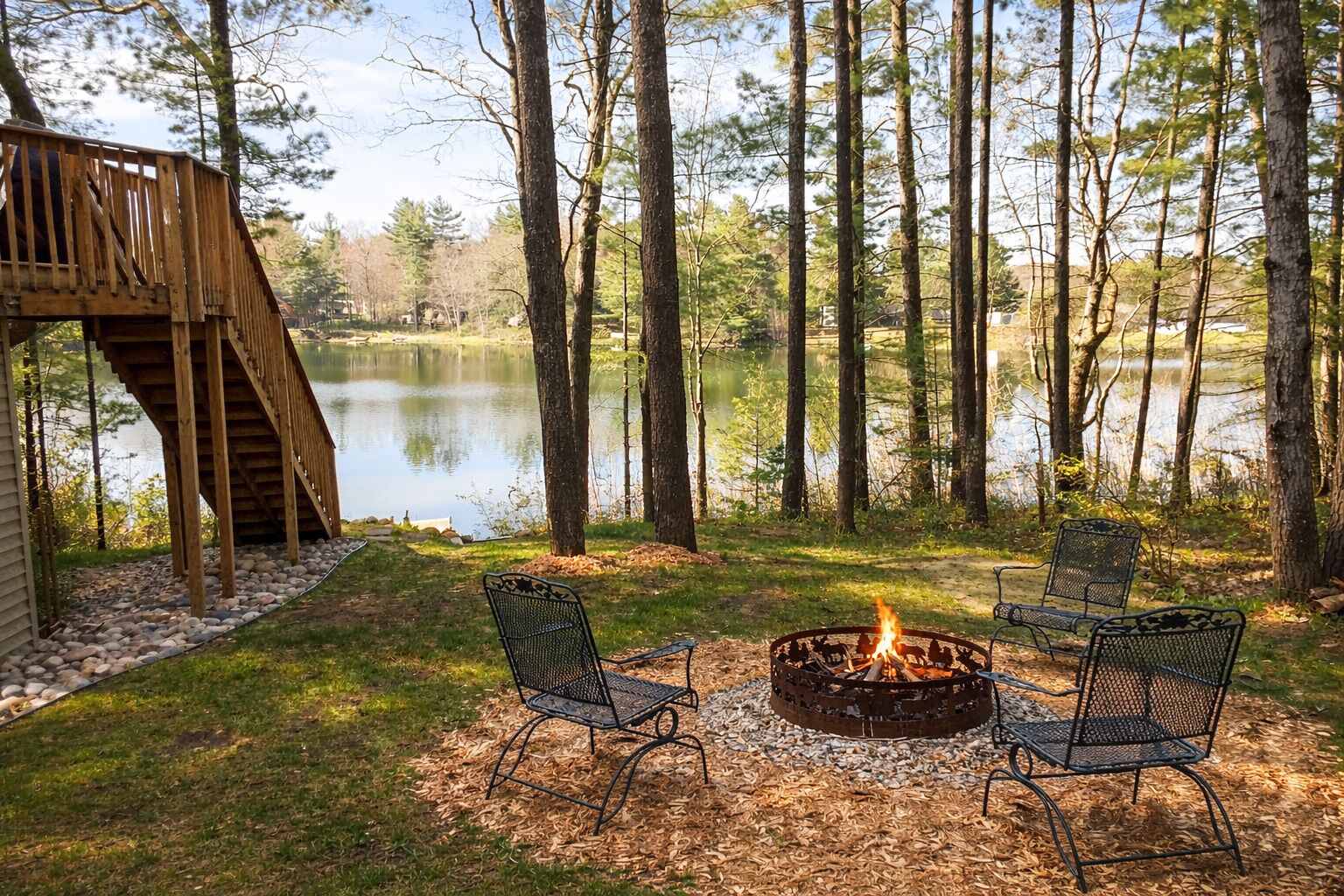 A lakeside deck with a fire pit and chairs, surrounded by tall trees and a wooden staircase.