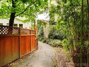 A narrow pathway flanked by a wooden fence and dense foliage.