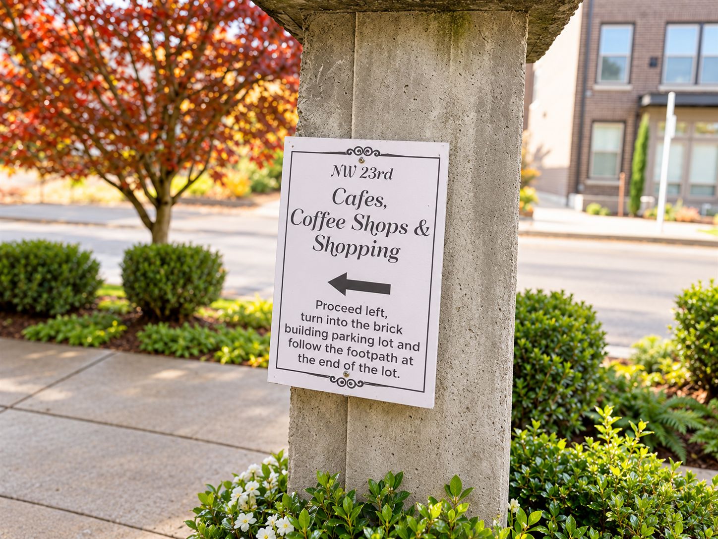 A sign indicating the direction to NW 23rd CAFE, Coffee Shops & Shopping.